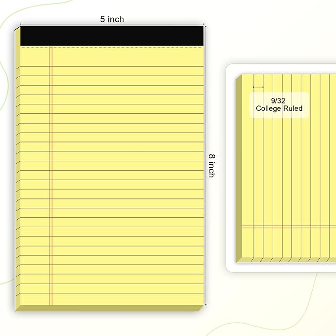 6pcs Small Note Pad 5x8 College Ruled Legal Pads Paper Notepads 6 Pack Study Back Writing Pads 5 x 8 Legal Pads Perforated Narrow Ruled Pads of Paper Yellow
