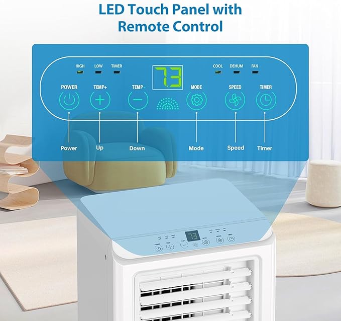 8000 BTUs Portable Air Conditioner with Cooling, Dehumidifier, Fan 3-IN-1 Indoor AC, 24H Timer, 2 Fan Speeds, Sleep Mode, Remote Control Included - Ideal for Home, Office, and Garage Use