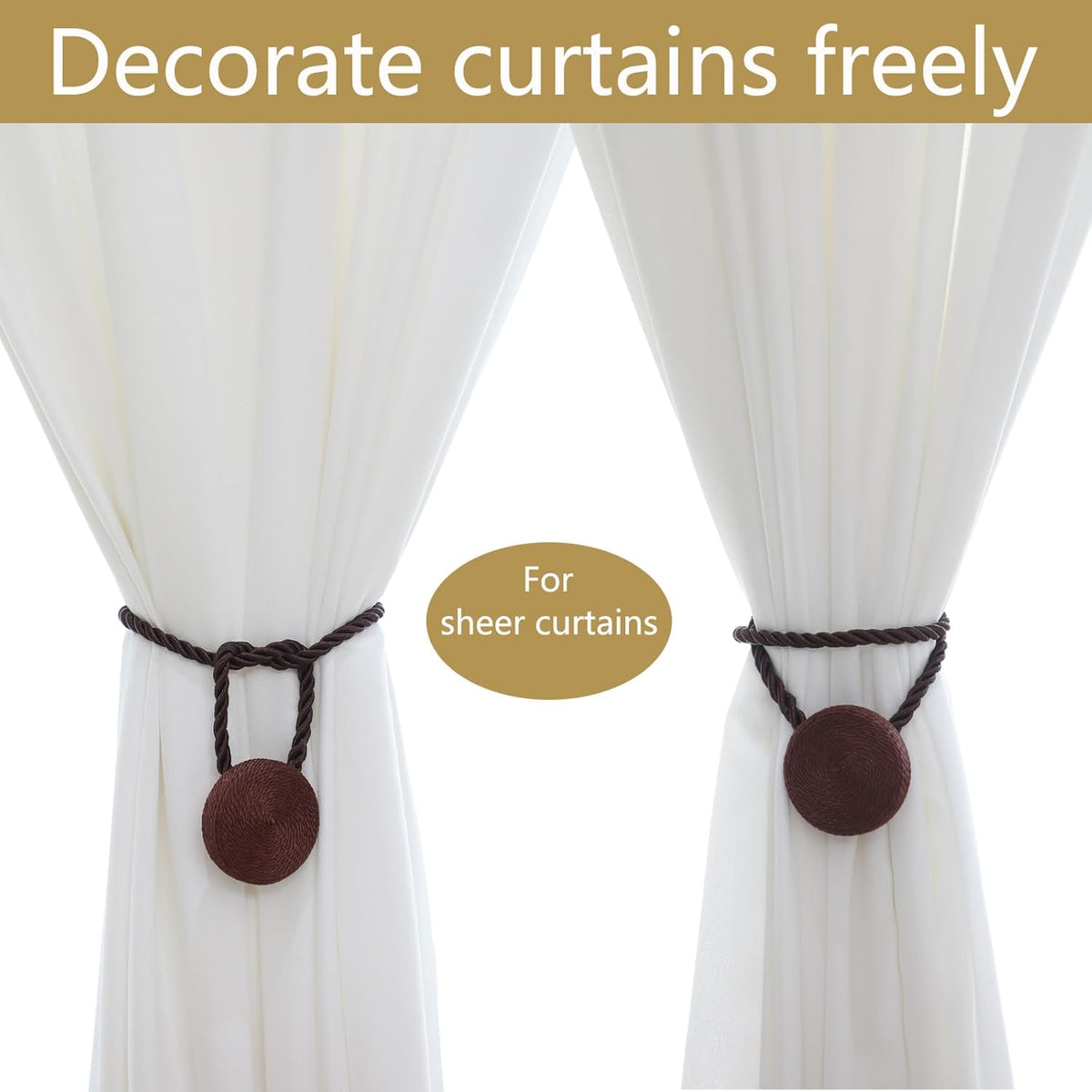Magnetic Curtain Tiebacks - 12mm Magnetic Tie Backs for Curtains, Heavy Duty No Drill Curtain Holdbacks for Home/Office Windows Drapes, Elegant Gift-Ready Design 7 Colors (2, Coffee)