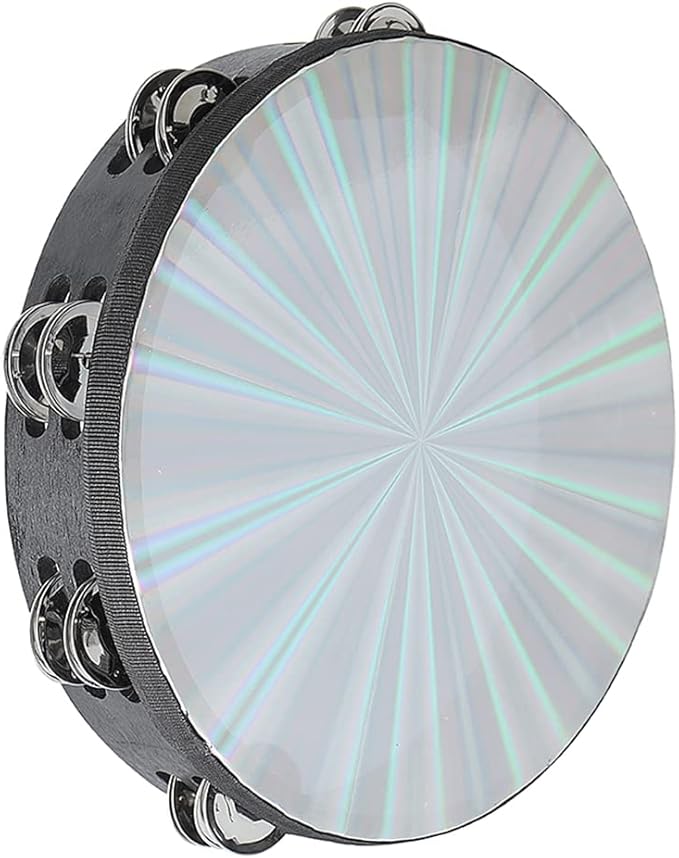 Musfunny Radiant Tambourine 10 inch for Adults 2-Row Jingles Bell Reflective Tambourines Hand Held Drum Musical Instrument for Kids Education KTV Party Church - 10 inch
