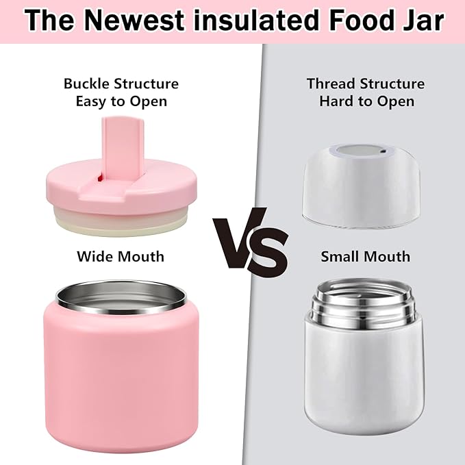 26oz Kids Thermos for Hot Food, Insulated Vacuum Food Jar with Buckle Lid, Stainless Steel Wide Mouth Leak Proof Insulated Lunch Container for School Picnic Travel, Pink