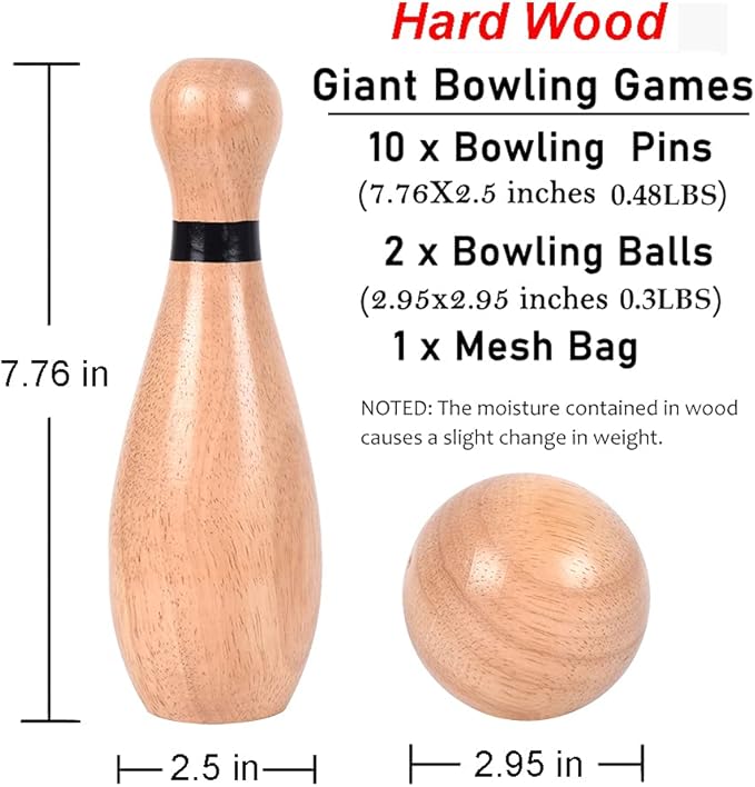 NI-ROU Outdoor Giant Lawn Bowling Games Rubber Wooden Lawn Set Fun Sports Games Outside or Indoor for Family Adults and Kids Backyard Skittles Carrying Bag with 10 Pins and 2 Balls