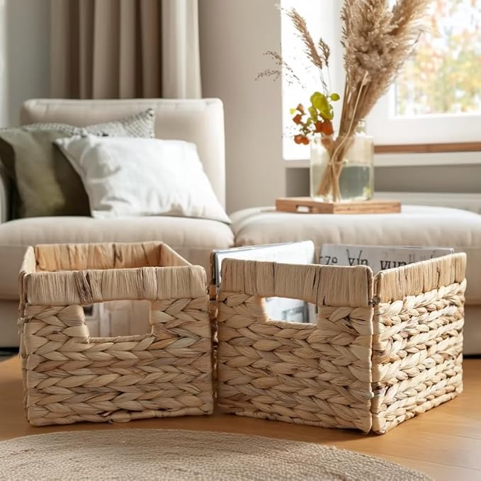 Woven Basket For Shelves, Baskets for Organizing, Wicker Storage Basket with Built-in Handles, Natural Baskets for Toys, Kitchen Storage (Medium 2-Pack, Natural Water Hyacinth)