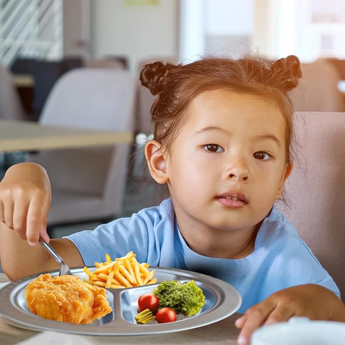 Stainless Steel Plates for Kids, Toddler Plate, Non Toxic Baby Dinnerware, BPA-Free Feeding Tray, Durable, Easy to Clean, Compatible with Dishwasher, Freezer, Microwave