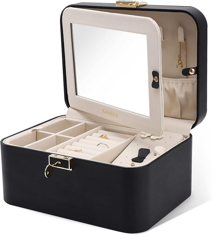 KAMIER Jewelry Holder Organizer, 2 Layers PU Leather Jewelry Box, Large Capacity, Double Lock and Large Mirror, Hidden Necklace Hooks, Removable Dividers, Gift Box Packaging, Black