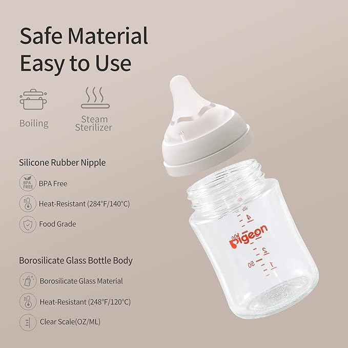 Pigeon Glass Nursing Bottle Wide Neck, Anti-Colic, Streamlined Body, Natural Feel, Easy to Clean, Heat-Resistant, 5.4 Oz(Pack of 2), Includes 2pcs SS Nipples (0m+)