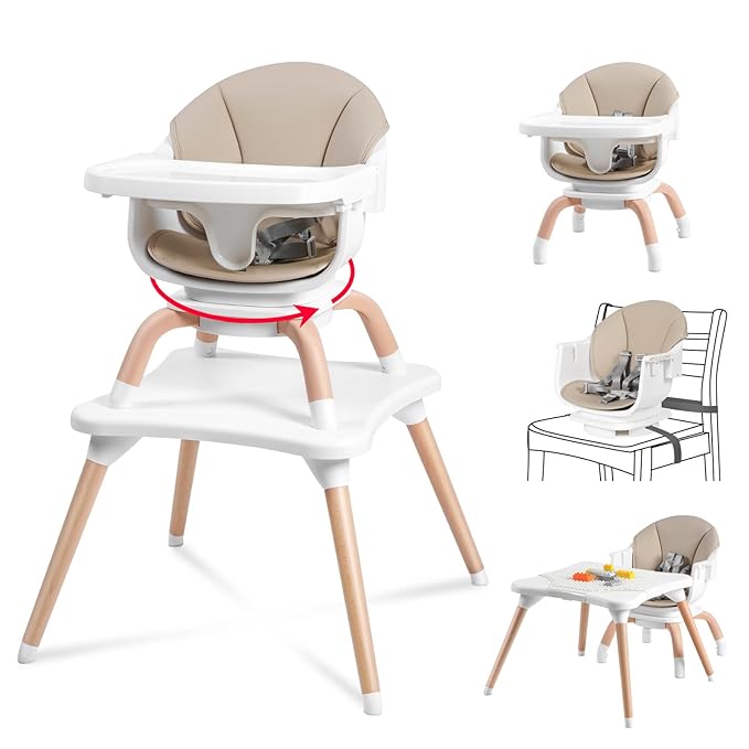 Baby High Chair, 7 in 1 Convertible High Chairs for Babies and Toddlers, Kids Learning Table, Building Block Table, Toddler Dining Chair with 360° Rotating Seat, 5-Point Safety Harness (Khaki)