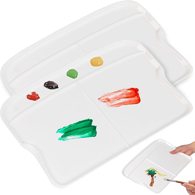 DUGATO Large Rectangular Paint Palettes (2 Pack, 13.8x9 inches) - 3 XL Well Plastic Mixing Trays for Acrylic, Oil, Watercolor & Gouache