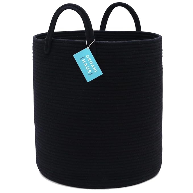 OrganiHaus Woven Laundry Basket - Large Round Black Rope Basket for Dirty Clothes, Blankets, Toys & Nursery Organizers - 38x45cm