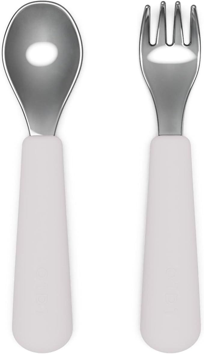 Lalo Utensils - Toddler Fork and Spoon Set - Stainless Steel and Silicone Ergonomic Toddler Utensils - Children Safe Flatware Set - 2 Pieces - Lavender