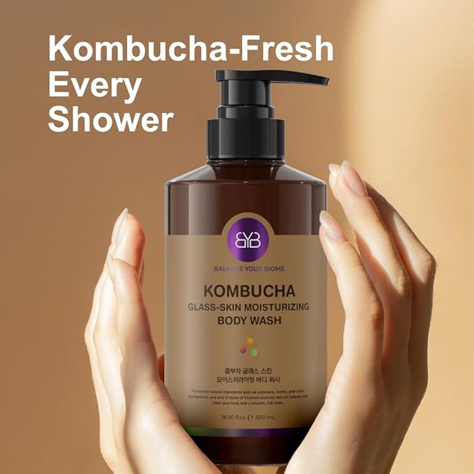 BALANCE YOUR BIOME Kombucha Glass-Skin Moisturizing Body Wash, K-Beauty,Fermented soybean, barley, Pear Juice, Pomegranates,12 Vitamins, Nurishing, Cleansing, 16.9 fl.oz.500ml, No Silicone