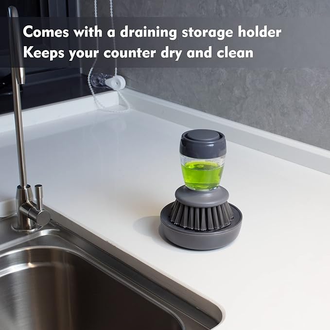 Dish Brush with Soap Dispenser, Kitchen Scrub Brush for Dishes Pots Pans Sink Cleaning, Dish Scrubber with Holder Set (Grey Handle & Nylon Bristles)