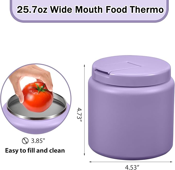 26oz Kids Thermos for Hot Food, Insulated Vacuum Food Jar with Buckle Lid, Stainless Steel Wide Mouth Leak Proof Insulated Lunch Container for School Picnic Travel, Purple