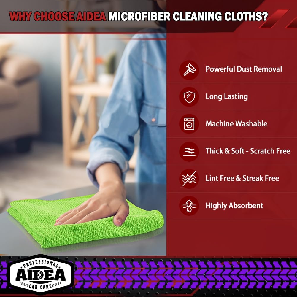AIDEA Microfiber Cleaning Cloth, 20PK, Microfiber Towels for Cars, Premium All Purpose Car Cloths, Dusting Cloth Cleaning Rags, Absorbent Towels for SUVs, House, Kitchen, Window, 12"×12", Green
