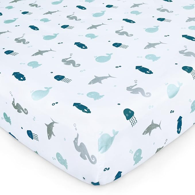 Crib Sheets for Boys or Girls 4 Pack, Baby Crib Sheets 52'' x 28'' for Standard Crib & Toddler Mattress, Soft and Breathable Material, Baby Crib Sheet Neutral, Grey Dinosaurs & Ocean