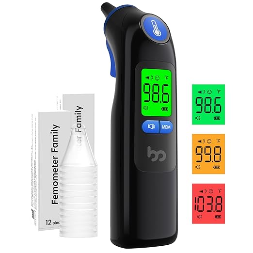 Ear Thermometer, Highly Accurate Ear Thermometer for Kids, Adults and Babies, 30 Memory Recall, 1s Result and 3-Color Fever Alert, with 24 Disposable Probe Covers, Blue