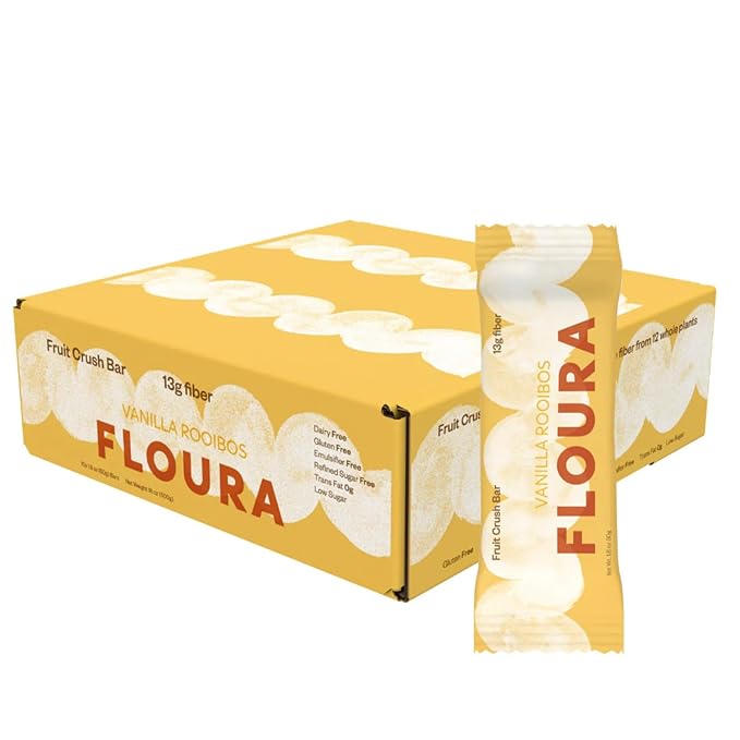 Floura Vanilla Rooibos Fruit-Forward Fiber Bars– High Fiber, Vegan, Gluten & Dairy Free, Low Calorie Healthy Snack Bars with Upcycled Produce for Gut Health [10 Pack]