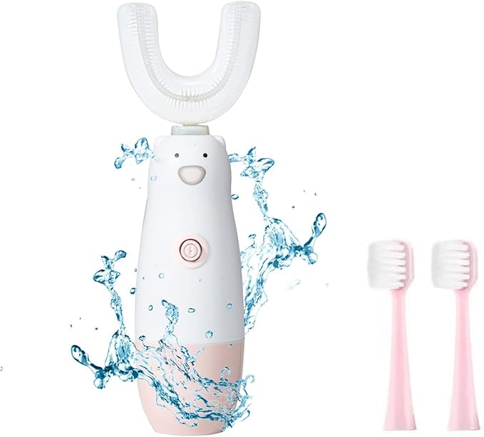 Kids Electric Toothbrush，U Shaped Toothbrush Waterproof Battery Powered 360 Automatic Sonic Toddler Toothbrushes for 8-13 Years Old for Boys Girls,with 2 Replacement Brush Heads（Pink）