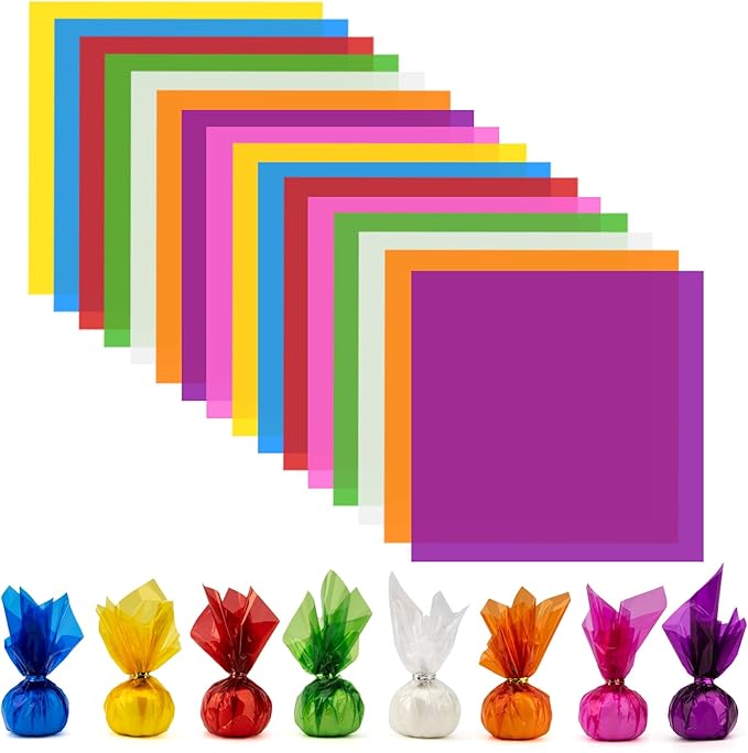 208 PCS Colored Cellophane Wrap Paper(7.48x7.48 Inch) Treat Candy Small Gifts Wrapping Baskets Colorful Plastic Sheets for Crafts Transparent Clear Clings Birthday Baby Shower Holiday Party Decor