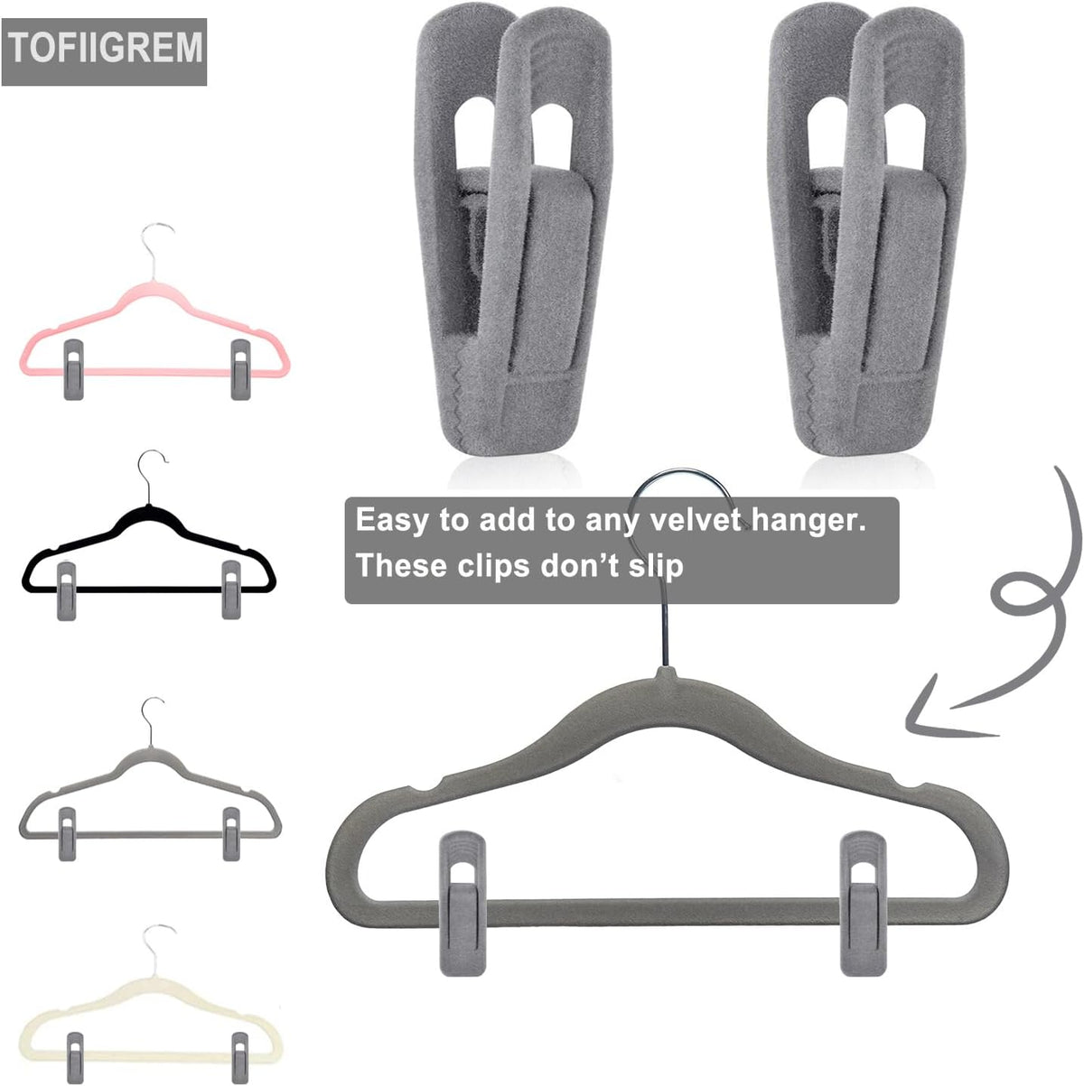 Grey Velvet Clips for Velvet Hangers - 20 PCS Gray Non Slip Velvet Hanger Clip, Pants Hanger Velvet Clips Fit for Slim Velvet Hangers, Clothes-pins for Grey Velvet Hangers