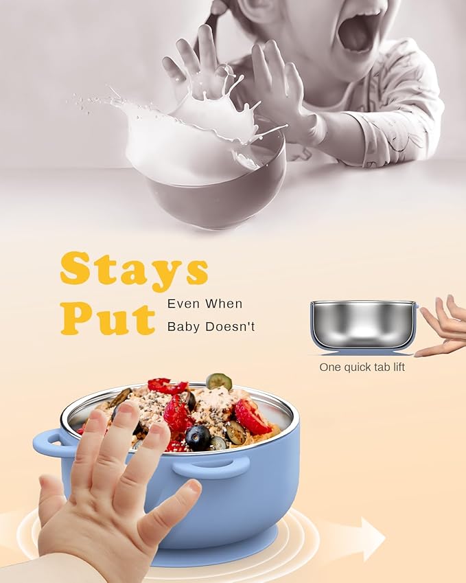 Baby Suction Bowls with Lids 4-Pack, 2-in-1 Stainless Steel 304 Toddler Bowl & Removable Silicone Suction Kids Bowl Plate Set Non Toxic Snack Dishes for Self-Feeding, Ocean Explorer Set