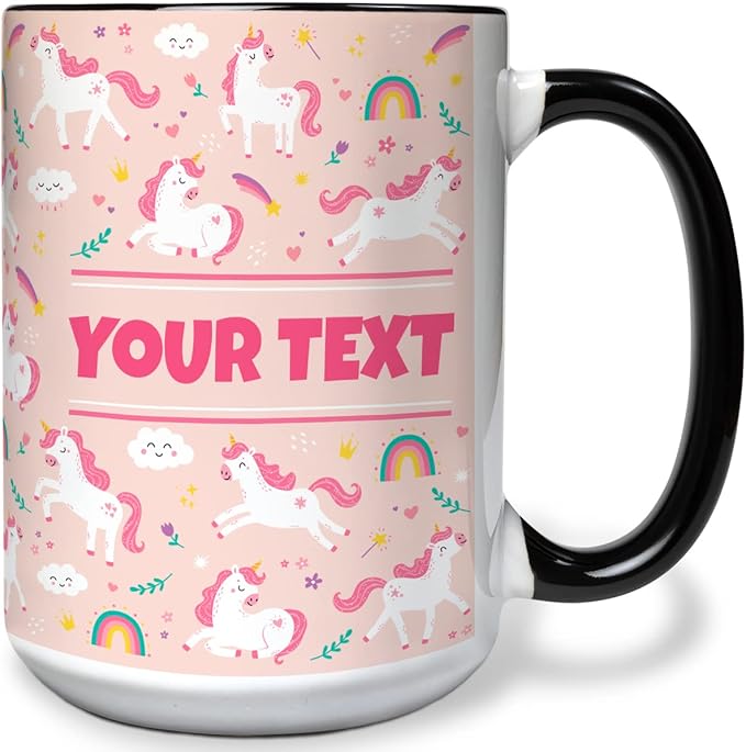 Personalized Mug for Kids - Pink Unicorn - Custom Name/Text, Ceramic Hot Chocolate/Cocoa/Coffee Cup for Girls, Birthday/Christmas/Holiday Gift - 15 oz, Black Handle