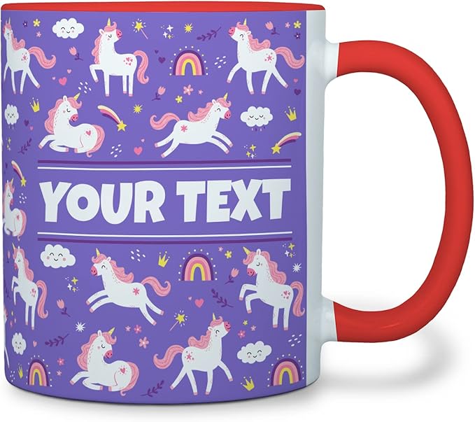 Personalized Mug for Kids - Purple Unicorn - Custom Name/Text, Ceramic Hot Chocolate/Cocoa/Coffee Cup for Girls, Birthday/Christmas/Holiday Gift - 11 oz, Red Handle