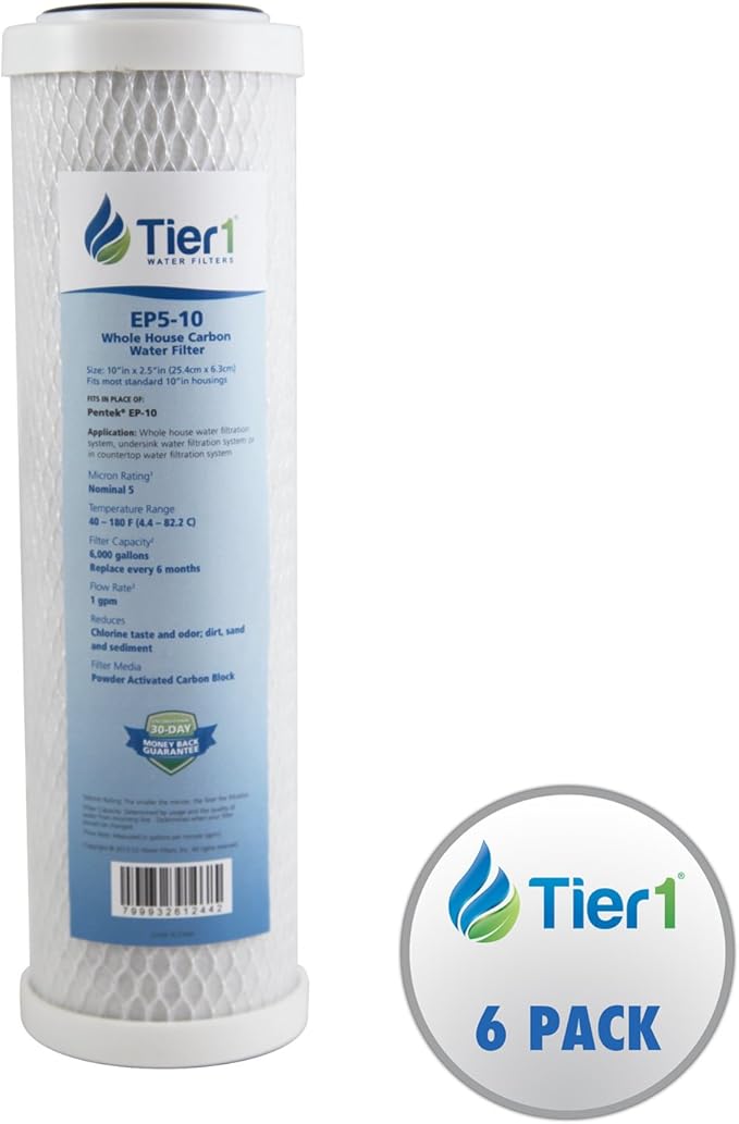 Tier1 5 Micron 10 Inch x 2.5 Inch | 6-Pack Whole House Carbon Block Water Filter Replacement Cartridge | Compatible with Pentek EP-10, 42-34373, 155531-43, CB-25-1005, MAXETW-975, Home Water Filter