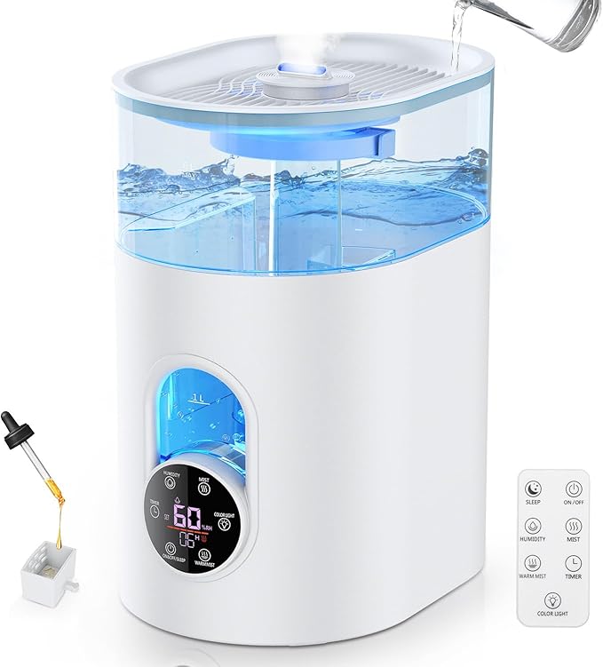 Humidifiers for Bedroom Large Room Home - GloryAir 6L Quiet Top Fill Cool & Warm Mist Humidifier with Smart Humidity Control, Remote Control, 7-Color Light, Humidistat, Oil Diffuser for Plants & Baby