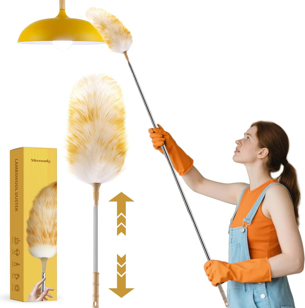 Extendable Lambswool Duster 30-100 Inch, Stainless Steel Long Handle Duster, Natural Feather Duster for Cleaning High Ceilings, Fans, Bookshelves, Interior, Cars, Brown