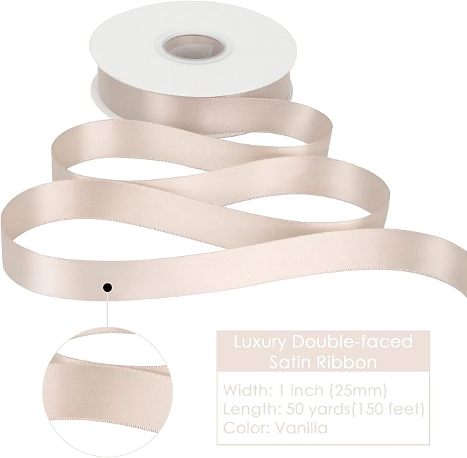 HUIHUANG Satin Ribbon 1 inch Vanilla Silk Satin Ribbon 50 Yards Double Face Satin Ribbons for Crafts Gift Wrapping Bows Floral Bouquet Cake Box Christmas Decor Wedding Invitation Card Party Favor