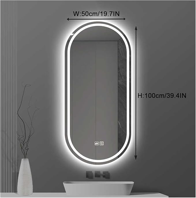 Bathroom Led Mirror ，Bathroom Mirror with LED Lights，Backlit Bathroom Mirror ，LED Mirror for Bathroom，Backlit Lighted Makeup Mirror，with Touch Sensor/Dimming/Demister pad(B,H100*W50cm/H39.4*W19.7IN)