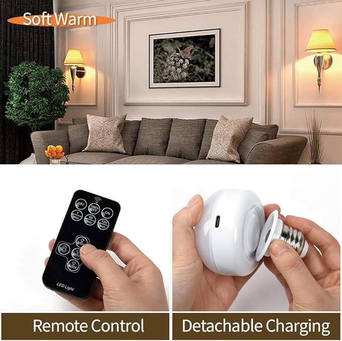 BLUEYE Rechargeable Battery Operated Light Bulb,2Packs,300LM,40W Equivalent,E26 Detachable Charging(E12 available),4 Color Temperature,Remote Control Puck Emergency Lamp,Timer,Dimmer,For Non-Hardwired