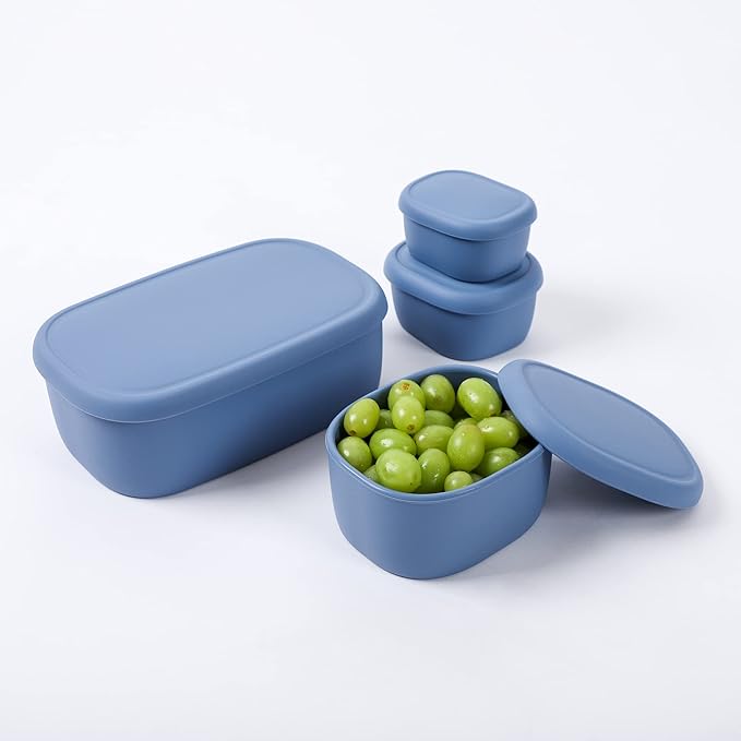 BLUE GINKGO Nesting Silicone Containers - Set of 3 Hard-Shell Silicone Food Storage Containers | BPA Free, Airtight, Dishwasher and Freezer Safe (6.7oz, 10oz, 20oz) - Blue