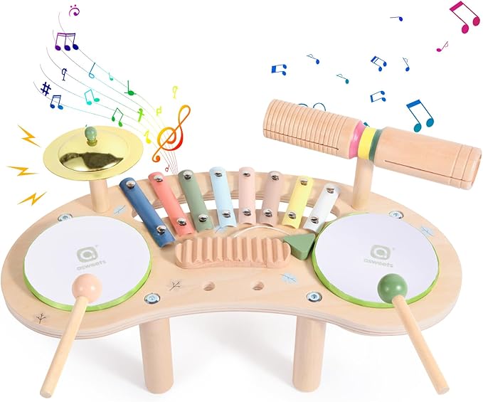 Asweets 7 in 1 Kids Drum Set for Toddlers Wooden Xylophone Musical Instruments Kit Play Set for Toddler Baby Drum Set Montessori Toys Sensory Toys Birthday Gifts for Girls Boys (Moon)