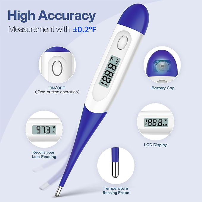 Boncare 10 Seconds Digital Thermometer for Adults and Kids - Accurate & Safe Rectal Thermometer for Baby with Fever Alarm, Oral Thermometer FSA HSA Eligible (Dark Blue)