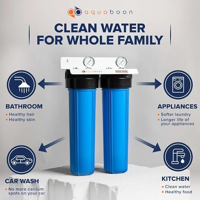 Aquaboon 2-Stage Water Filter System for Well Water w/ 20x4.5 Iron & Manganese, Sediment Filters, Pressure Gauges & Release, Wrench, Iron Bracket