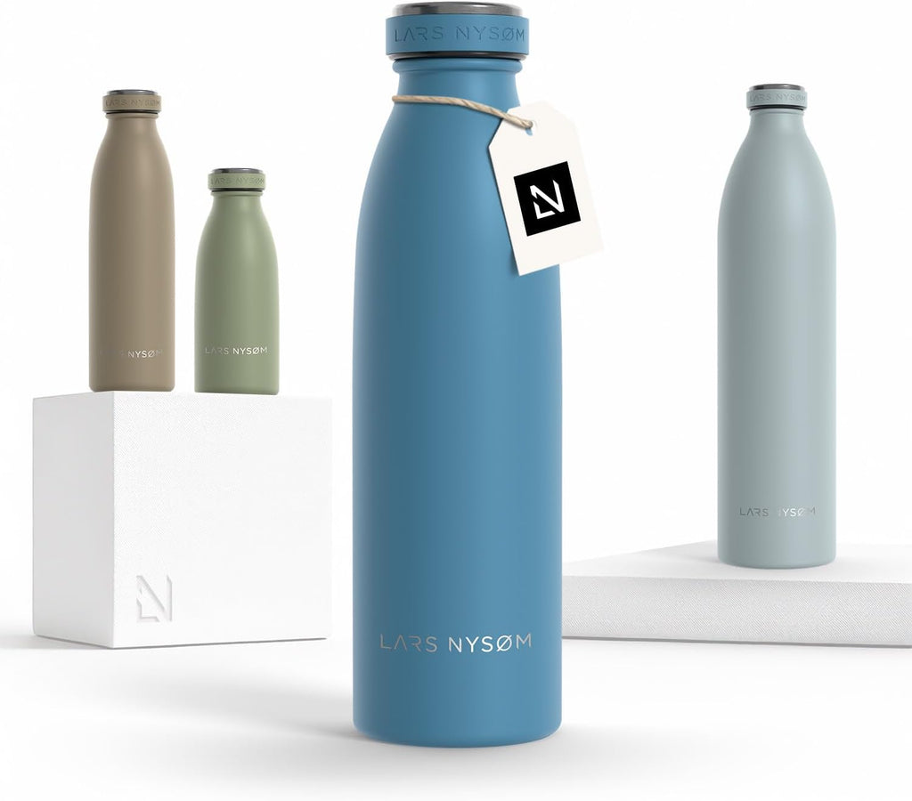 LARS NYSØM Stainless Steel Insulated Water Bottle 12oz 17oz 25oz 34oz 51oz | Insulated Thermo Flask for Hot and Cold Beverages | Leakproof Drinking Bottle (Calypso Blue, 17oz)