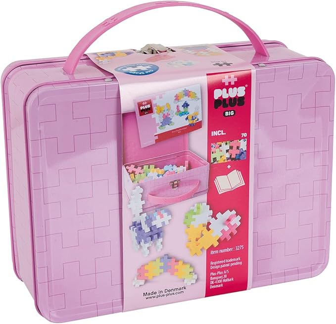 PLUS PLUS Building Set with Metal Suitcase, Open Ended Stem Toy for Toddlers and Preschool, 70 Big Pastel Interlocking Pieces
