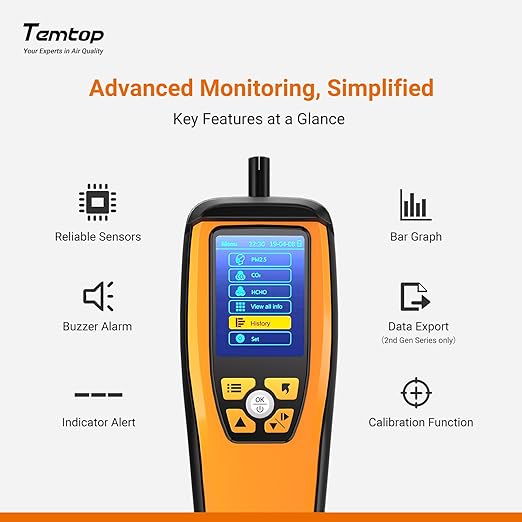 Temtop Air Quality Monitor CO2 Detector Professional Carbon Dioxide PM2.5 PM10 Formaldehyde Temperature and Humidity Monitor w/Audio Alarm Data Export (M2000 2nd)