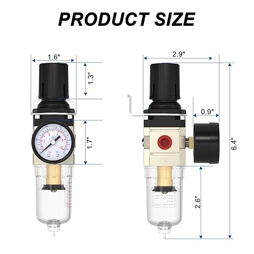 AIRZOE 1/4"NPT Air Filter Regulator Combo Piggyback,5 Micron Brass Element, Manual Drain,Air Pressure Regulator AW2000-02,0-150 psi Gauge