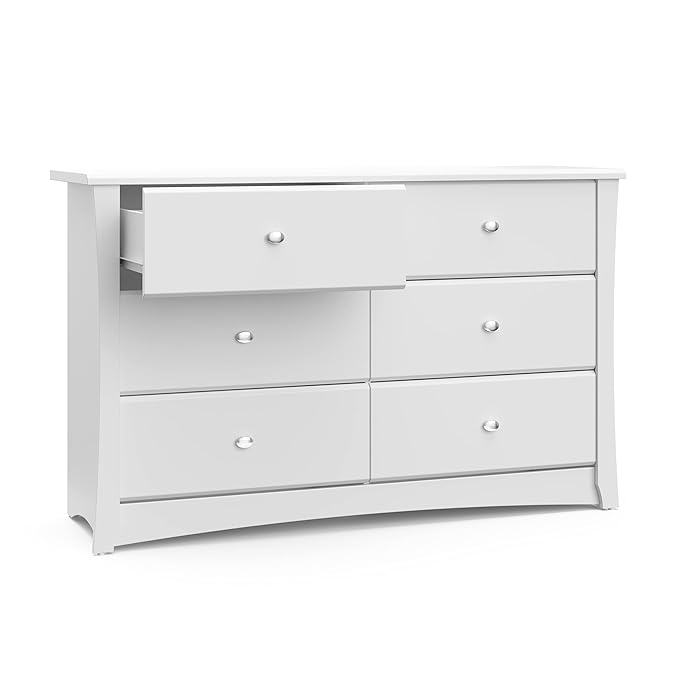 Storkcraft Crescent 6 Drawer Double Dresser (White) – GREENGUARD Gold Certified, Nursery Dresser for Kids Bedroom