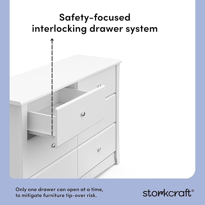 Storkcraft Crescent 6 Drawer Double Dresser (White) – GREENGUARD Gold Certified, Nursery Dresser for Kids Bedroom
