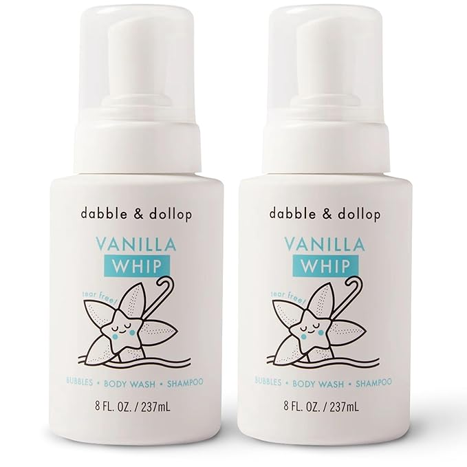 Dabble & Dollop Vanilla Body Wash & Shampoo – 3-in-1 Natural Bubble Bath for Kids, Made in USA, No Parabens or Sulfates, Vegan, Gluten-Free, Tear-Free (10oz, Pack of 2)