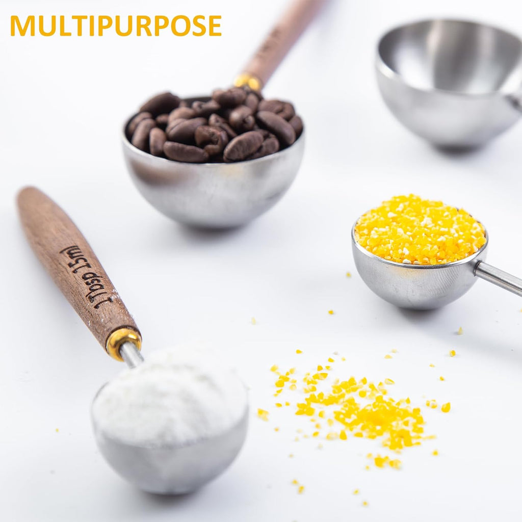Wooden Scoops for Tea 2PCS Long Handle Coffee Scoop for Sugar (15ml 1 Tbsp + 30ml 2 Tbsp) Wood and Stainless Steel Measuring Scoop for Coffee, Wood Scoops for Seasoning Small Scoop Multipurpose
