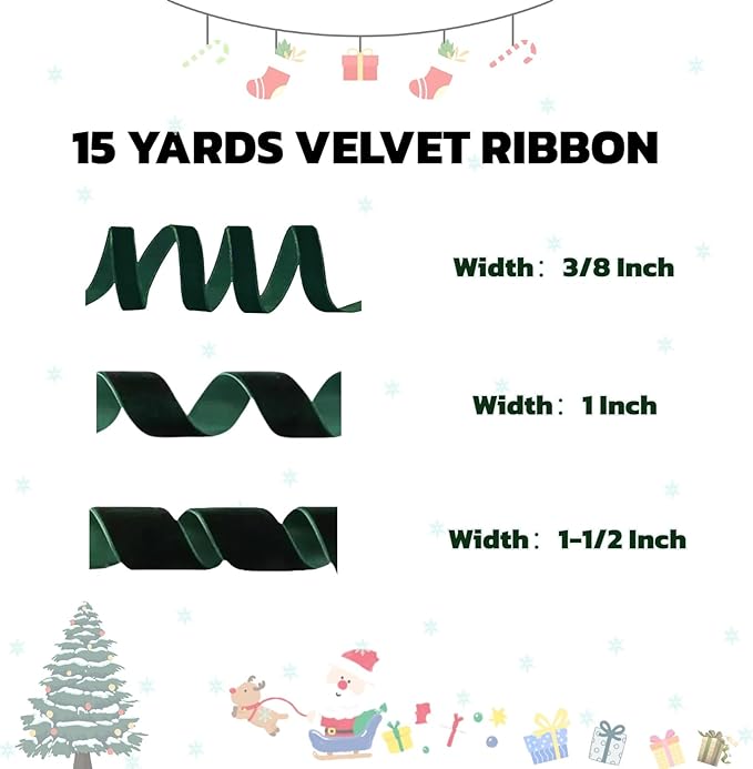 15 Yards Velvet Ribbon 1 Inch Single Face Green Velvet Ribbon Spool Prefect for Wedding, Ribbons for Gift Wrapping, Vintage Christmas Decor Tree Ornaments Wreath Hair Bows, Ribbons for Crafts