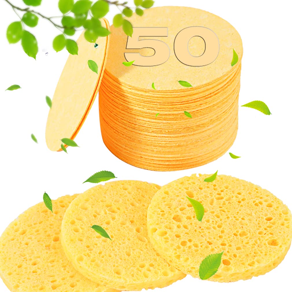 METUUTER 50 PCS Compressed Facial Sponges for Estheticians- 100% Natural Cellulose Face Sponge Professional Cosmetic Spa Sponges for Face Cleansing, Massage, Pore Exfoliating, Mask, Makeup Removal