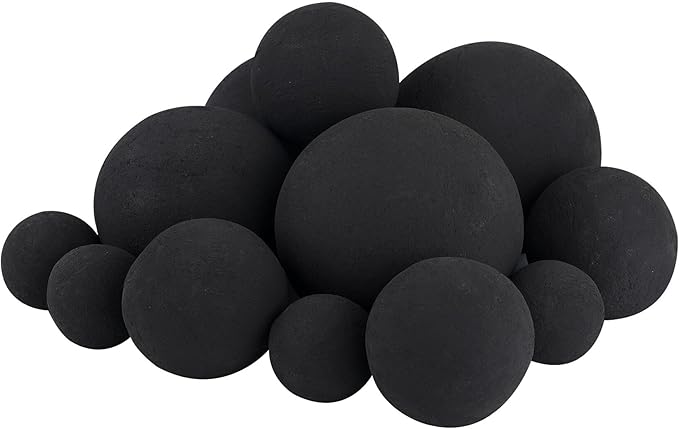Skyflame 12PCS Ceramic Fireplace Balls, Mixed of 4 Sizes Fire Pit Balls Set for Indoor and Outdoor Fire Tables or Fireplaces Accessory, Black
