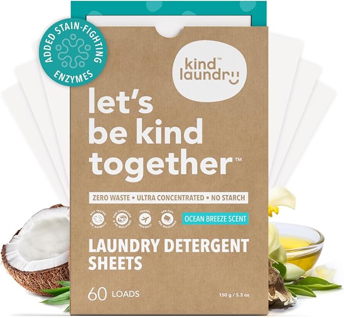 Kind Laundry Detergent Sheets Stain-Fighting Enzymes - Plant Powered Eco-Friendly Laundry Soap Sheets - Home or Travel Laundry Detergent - Ocean Breeze, 60 Loads (Mom's Choice Award Winner)