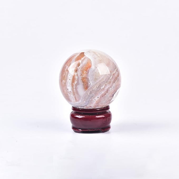 JIC Gem Natural Pink Agate Crystal Sphere Pink Crystal Decorative Ball with Wooden Stand Meditation Balls for Witchcraft Reiki Healing Gift 50-60mm